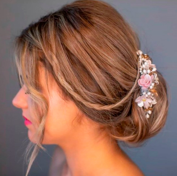 Tocado de porcelana artesano rosa y dorado